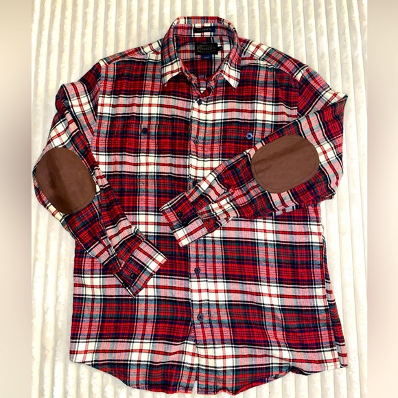 Pendleton Shirt Mens Medium Red Plaid Hawthorne Flannel Elbow Patch Button Up - Picture 1 of 6